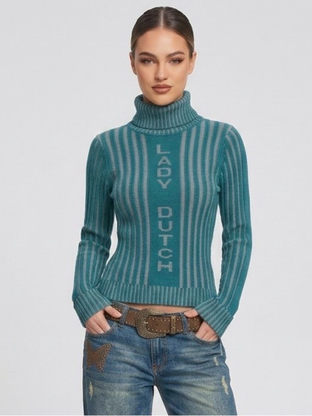 Y2K Lady Dutch Teal Turtleneck Sweater